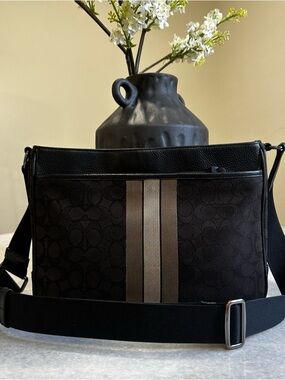 Coach Black Signature Messenger Bag with Brown Center Stripes